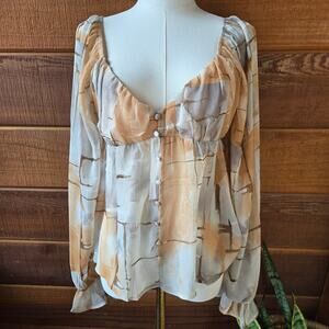 NWT Blu Pepper Womens Y2K Sheer Peasant Babydoll Top M Abstract Sweetheart
